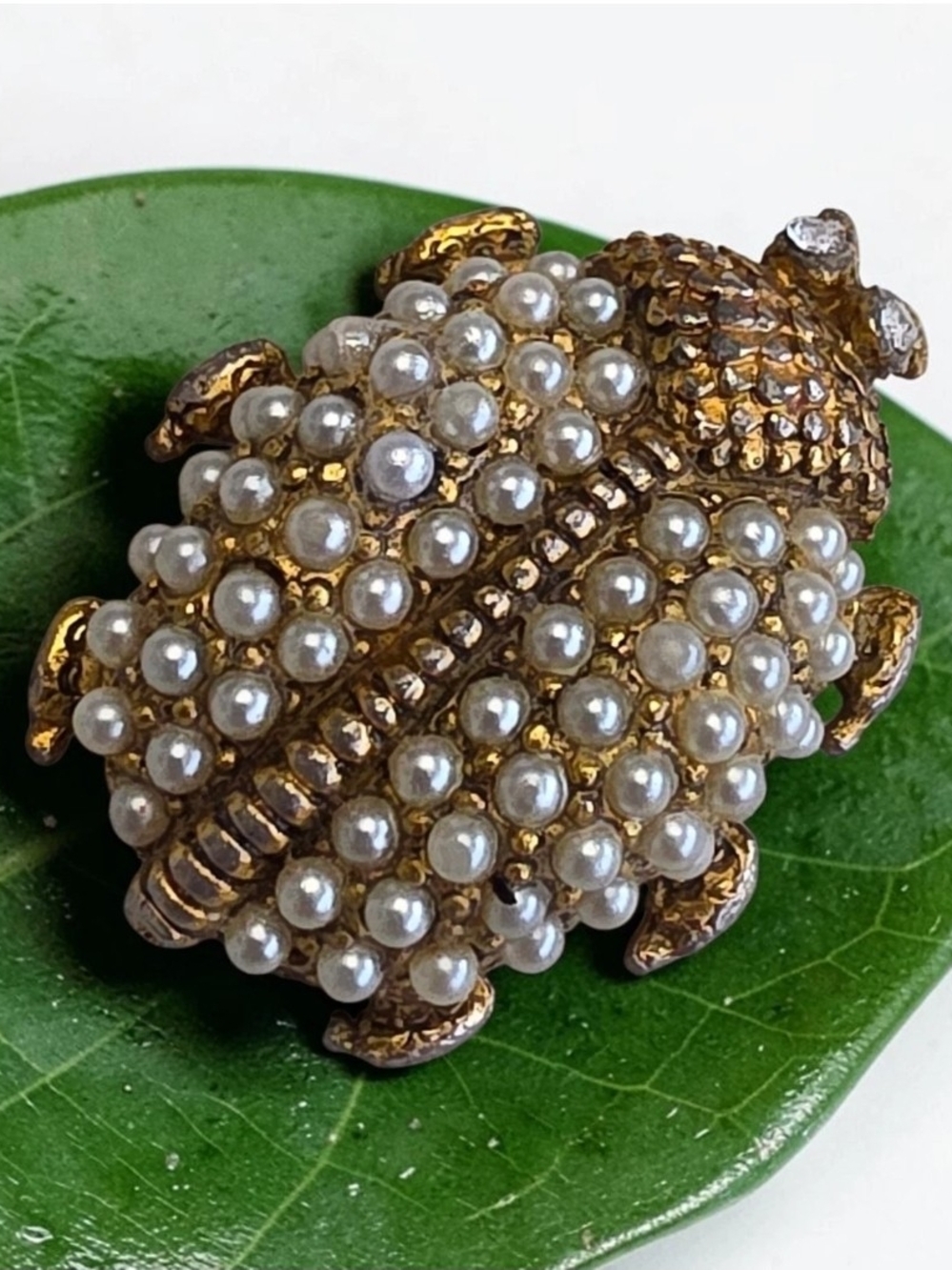 Vintage Faux Pearl Rhinestone Beetle Bug Brooch Gold Tone Figural Insect